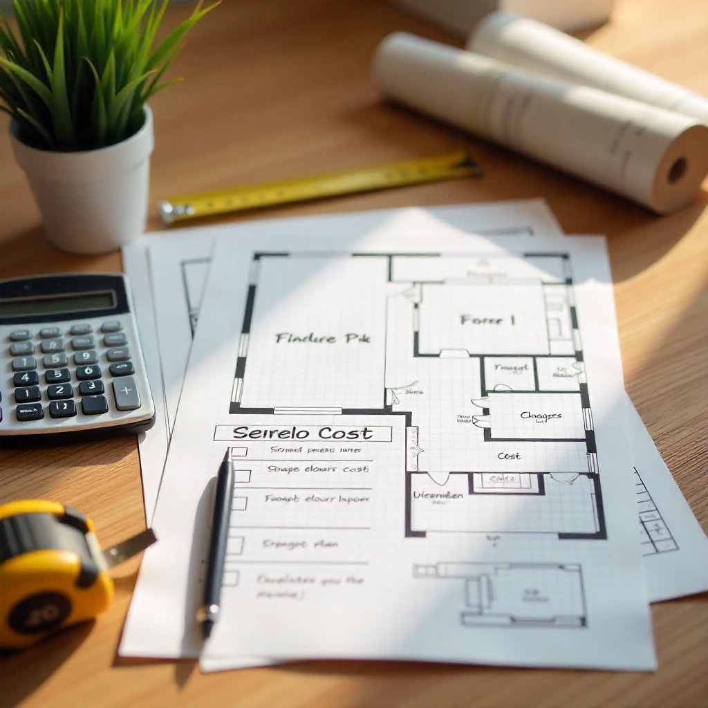 Bathroom renovation cost planning checklist with tools and sketches.
