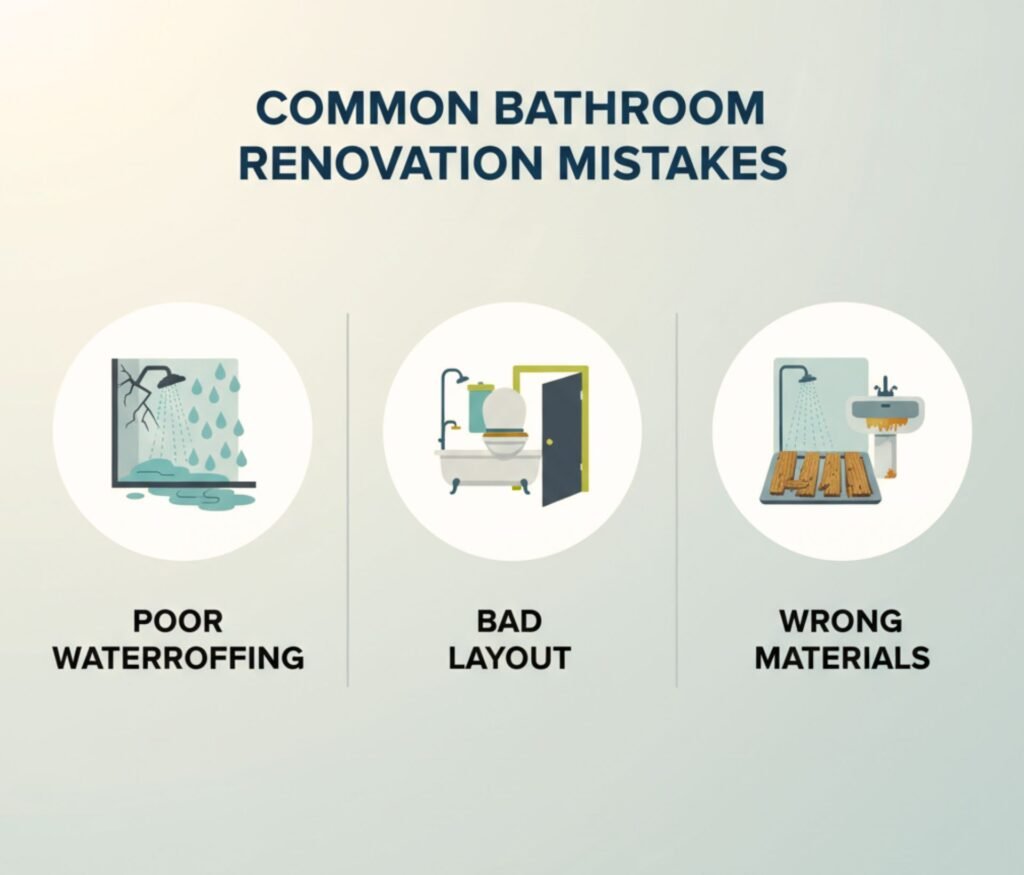 Infographic showing common bathroom renovation mistakes.