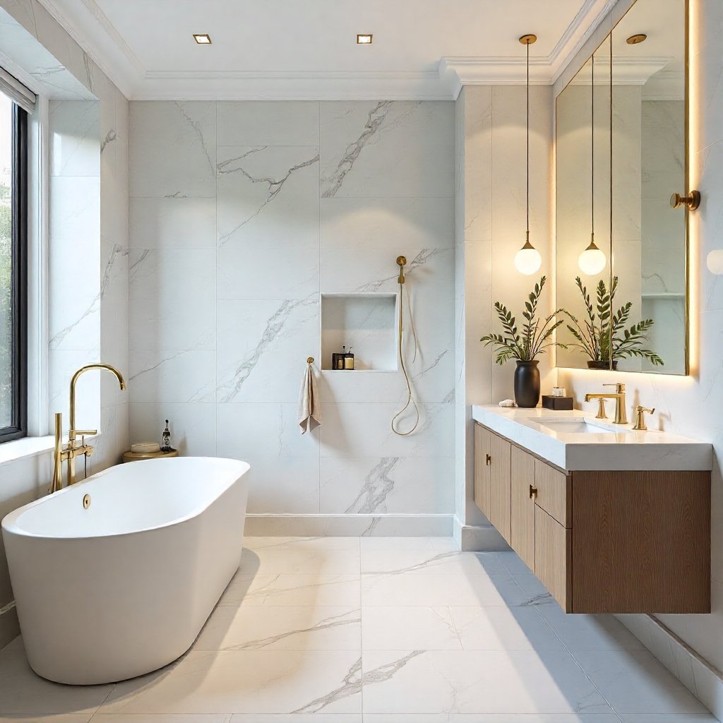 Luxury bathroom design in Melbourne with marble finishes and gold fixtures.