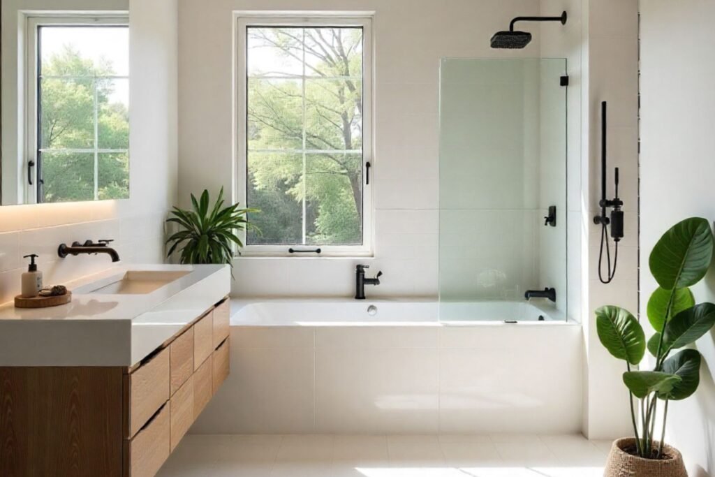 Modern Melbourne bathroom renovation with floating vanity, glass shower, and matte black fittings.