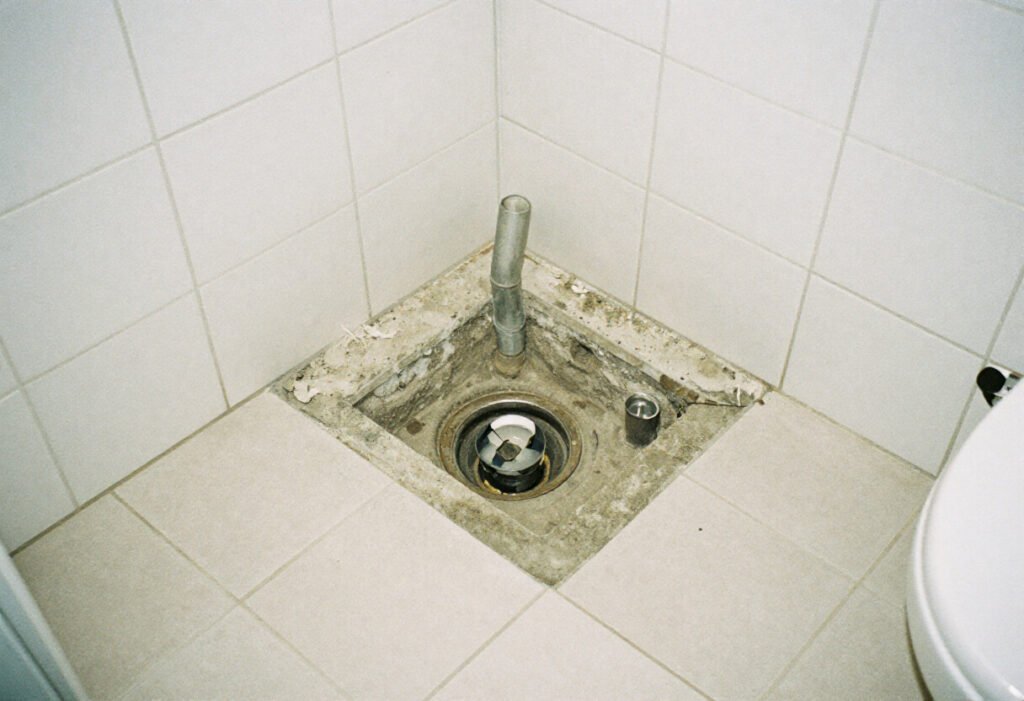 Bathroom floor with tiles removed